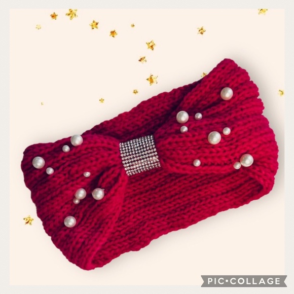 NWT HP Cranberry Red Pearl Rhinestone Knitted Winter Headband - Picture 2 of 6